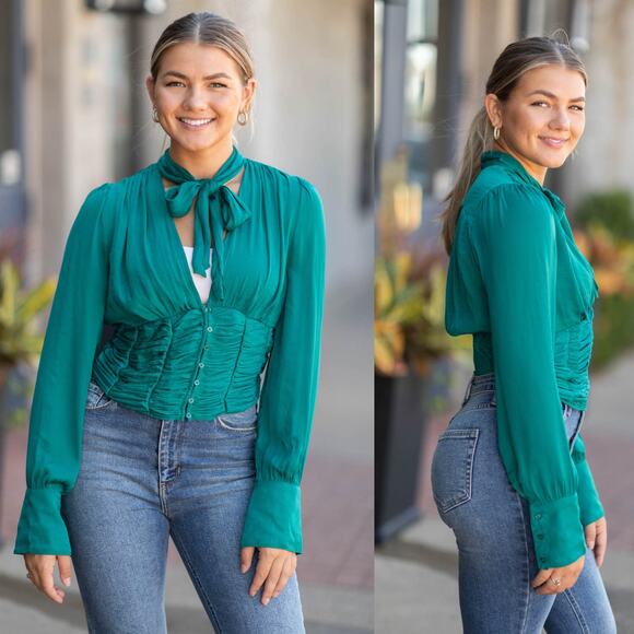 Free People Tops - Free People Meet Me There Button Down Green Balsam Ruched Emerald Satin XS